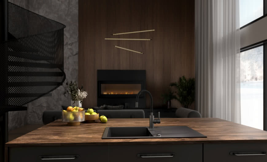 Ciemna elegancja w domu: kuchnia, salon i łazienka w stylu premium