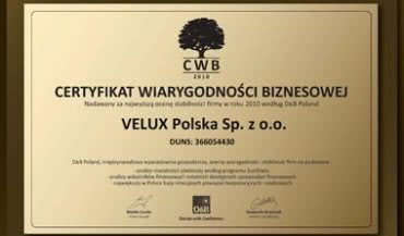 Certyfikat Wiarygodności Biznesowej dla firmy Velux